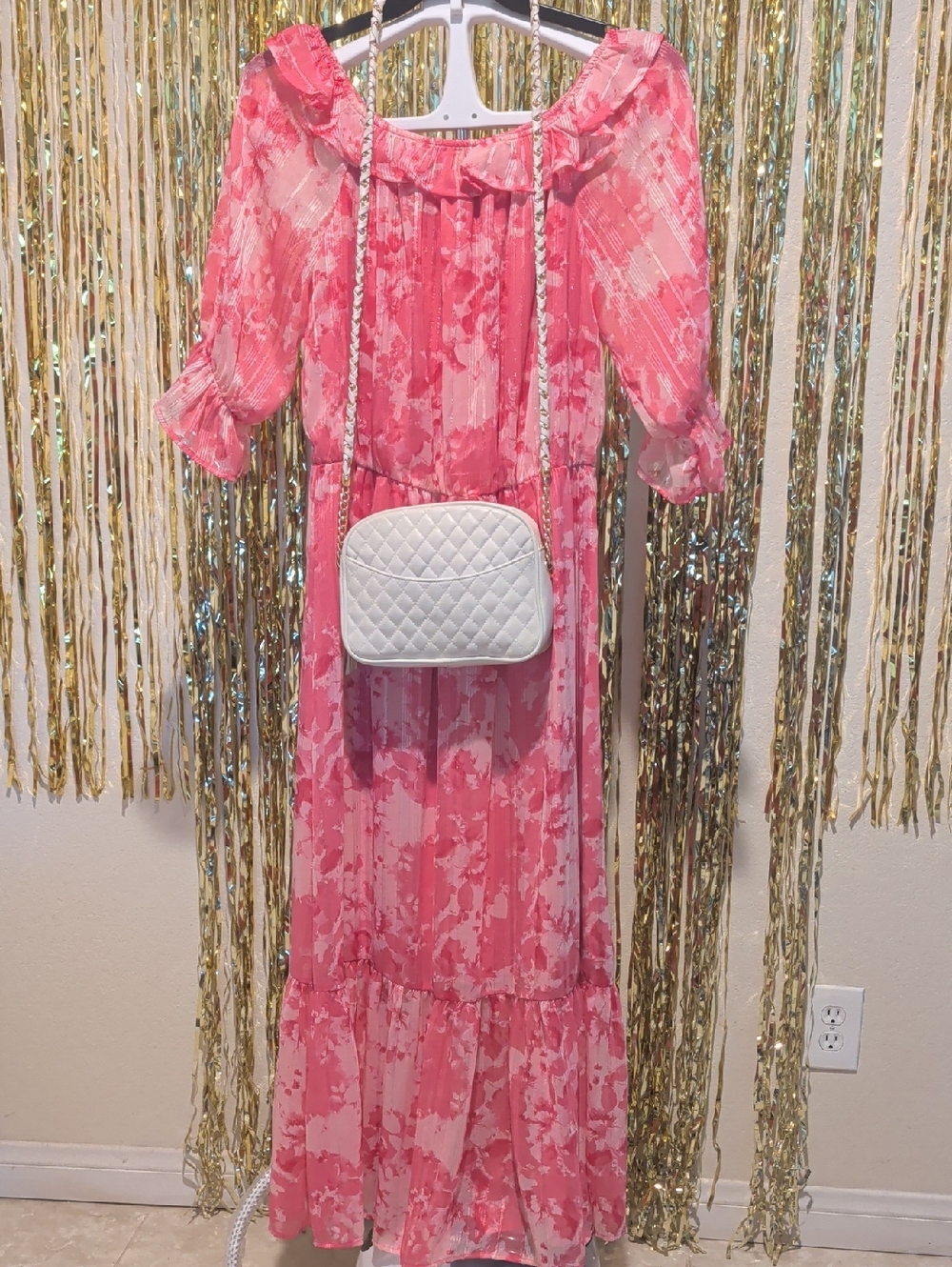 ✨ Boho Willow Drive Pink & White Shimmer Sheer Overlay Dress | XL